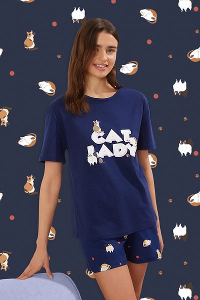 Trendyol Collection Navy Blue Animal Single Jersey Knitted Pajamas Set Thmss25Pt00275