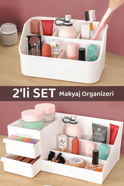 Meleni Home Set of 2 Makeup Organizer - Cosmetic Perfume Cream Jewelry Accessory Multi-Purpose Organizer Box White