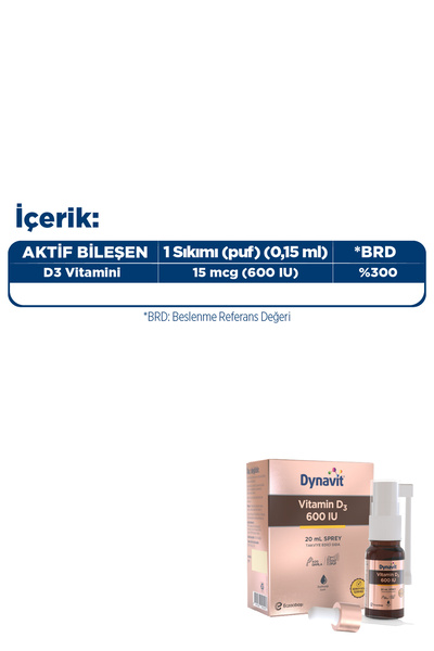 Dynavit Vitamin D3 600 IU (25mcg) 20 mL Sprey - Bağışıklık & Kas & Kemik - D3 Vitamini