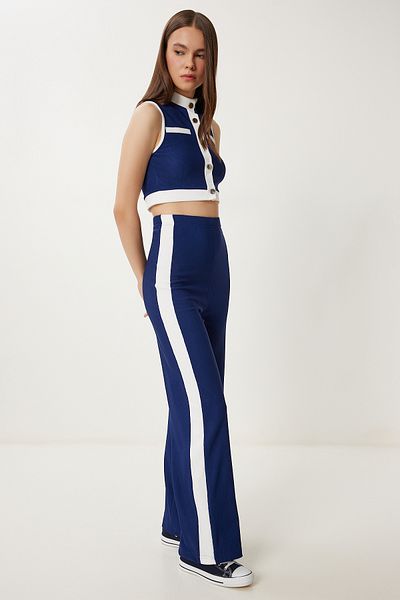 Happiness İstanbul Marineblauer, kontrastfarbener, gerippter Strickanzug für Damen ZV00328