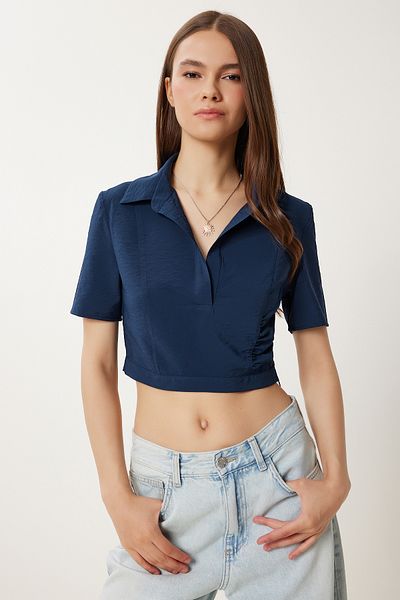Happiness İstanbul Women's Navy Blue Polo Neck Crop Ayrobin Blouse Wf00136