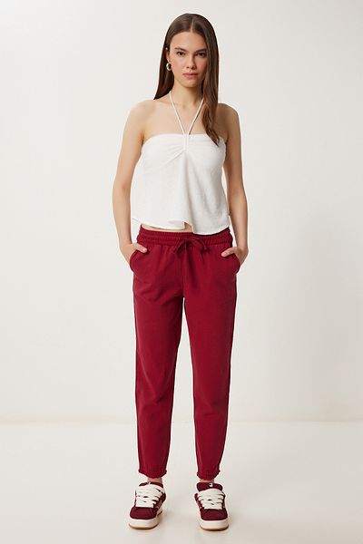 Happiness İstanbul Burgunderrote Gabardine-Hose mit Taschen für Damen WF00113