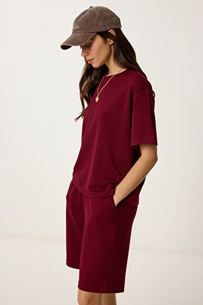 Happiness İstanbul Women's Burgundy Bermuda Shorts T-Shirt Set By00059
