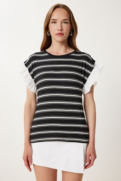 Happiness İstanbul Women's Black Bone Striped Flounced Cotton Knitted Blouse Tp00080