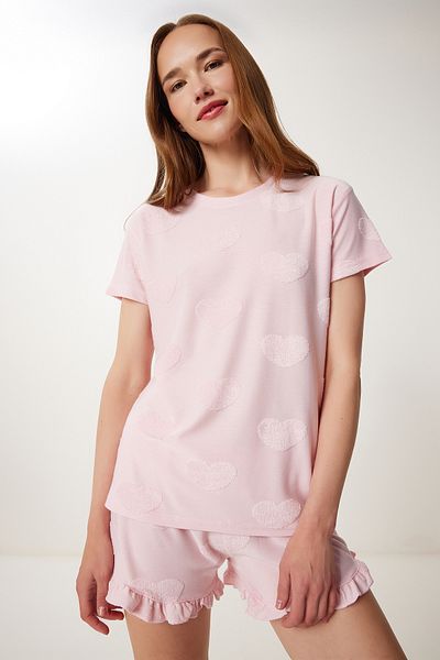 Happiness İstanbul Women's Candy Pink Heart Textured Shorts Knitted Pajamas Set Fp00011