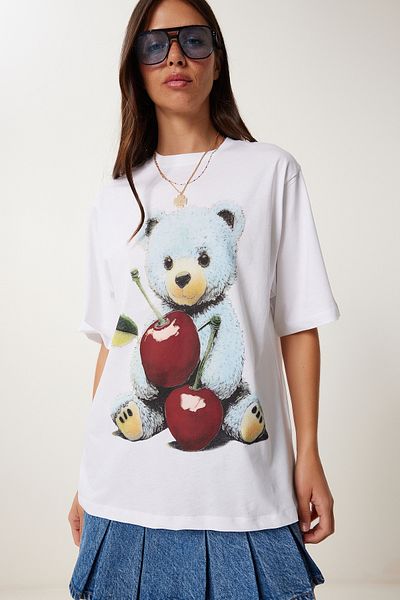 Happiness İstanbul Tricou tricotat din bumbac cu imprimeu ursuleț alb pentru femei UB00396