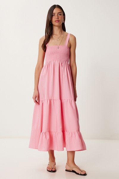 Happiness İstanbul Women's Pink Strap Flounced Summer Dress Zv00330