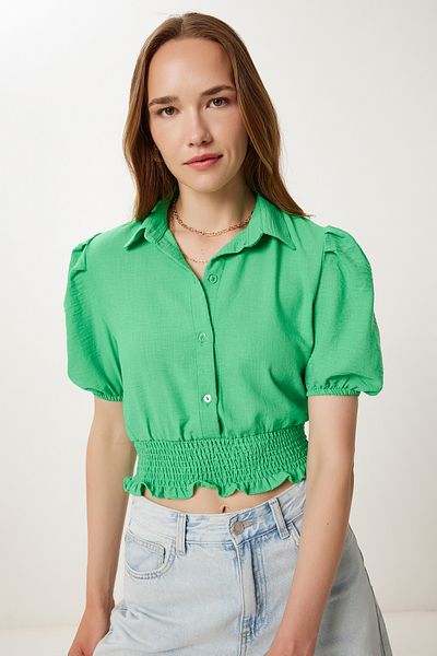 Happiness İstanbul Women Dark Green Balloon Sleeve Linen Crop Shirt Blouse Tp00081