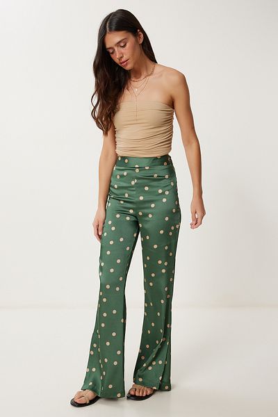 Happiness İstanbul Khaki-beige gepunktete Satinoberflächenhose für Damen WF00158
