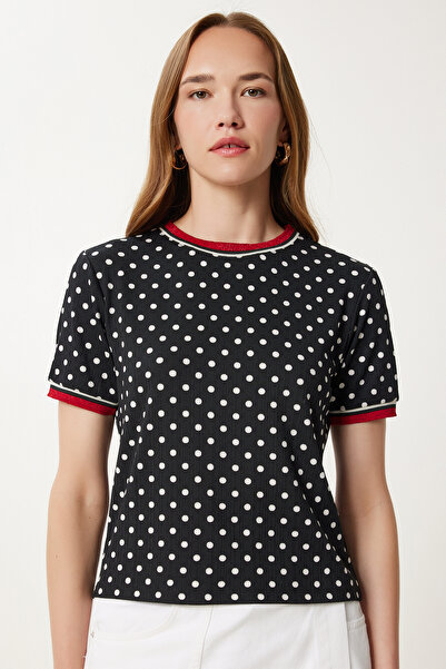 Happiness İstanbul Γυναικεία Μαύρη Εκρού Πλεκτή Εύκαμπτη Μπλούζα TP00078