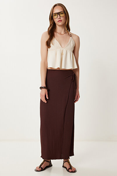 Happiness İstanbul Dámská hnědá zavinovací pletená sukně UB00095