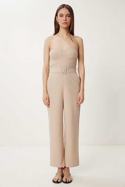Happiness İstanbul Women's Beige Strapless Belted Woven Jumpsuit Wf00149