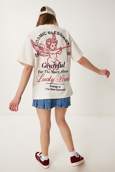 Happiness İstanbul Cremefarbenes bedrucktes Baumwoll-Strick-T-Shirt für Frauen UB00400