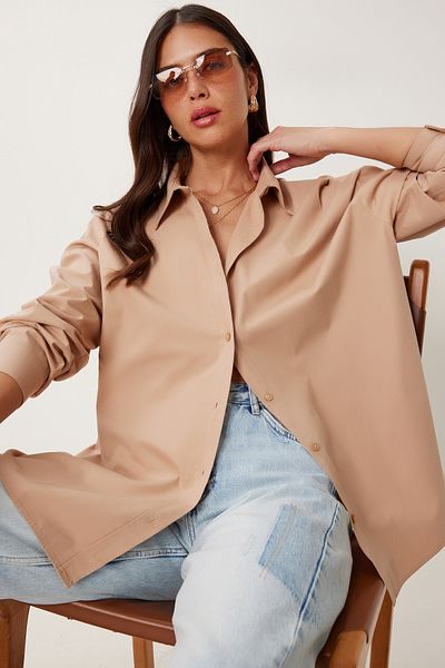 Happiness İstanbul Γυναικείο Μπεζ πουκάμισο Poplin Oversize WF00142