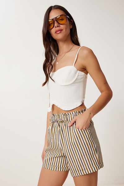 Happiness İstanbul Senfgelbe, knochenförmige, gestreifte Mini-Leinen-Shorts für Damen TP00099