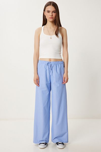 Happiness İstanbul Women's Blue Striped Wide Leg Summer Trousers Pb00035