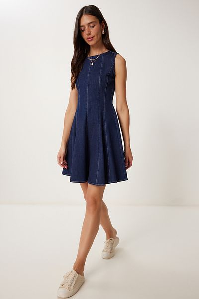 Happiness İstanbul Dunkelblaues Mini-Jeanskleid mit Volants für Damen KQ00012