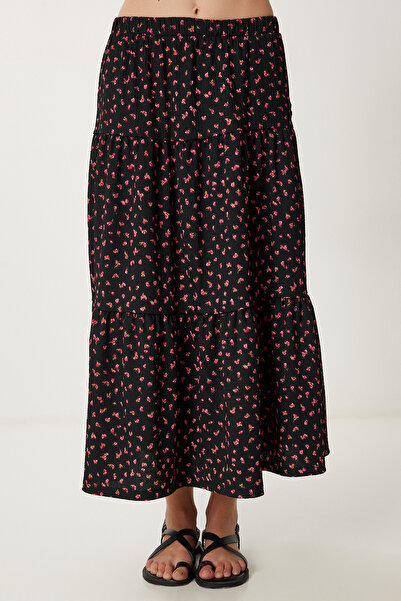 Happiness İstanbul Spódnica damska z dzianiny w czarno-różowe kwiaty z falbanką i marszczeniami UB00398