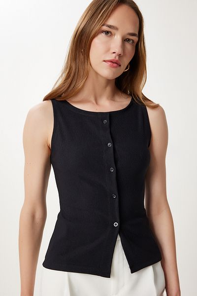 Happiness İstanbul Women's Black Buttoned Flexible Ribbed Knitted Vest Zv00325