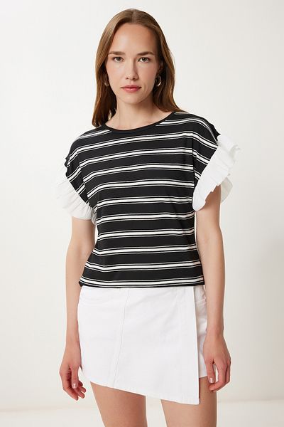 Happiness İstanbul Women's Black Bone Striped Flounced Cotton Knitted Blouse Tp00080