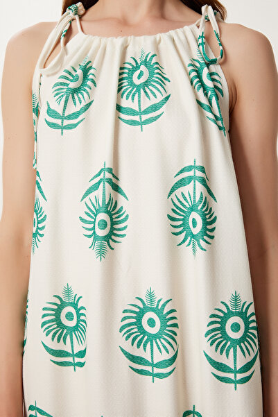 Happiness İstanbul Women's Cream Green Patterned Summer Long Crinkle Dress Li00130