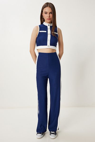 Happiness İstanbul Marineblauer, kontrastfarbener, gerippter Strickanzug für Damen ZV00328