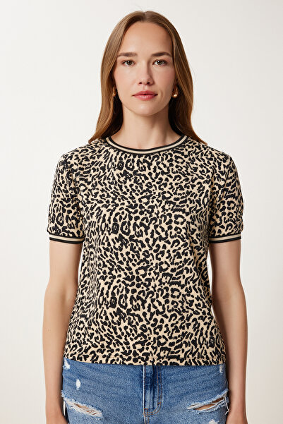 Happiness İstanbul Γυναικεία Μαύρη Μπεζ Πλεκτή Εύκαμπτη Μπλούζα TP00078