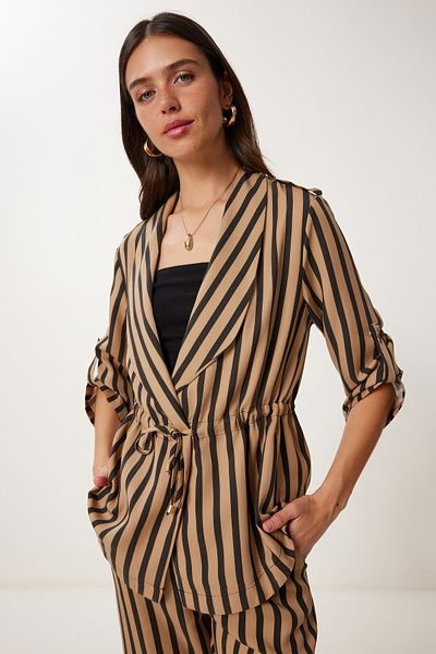 Happiness İstanbul Women's Beige Black Striped Woven Jacket Pants Suit Wf00120