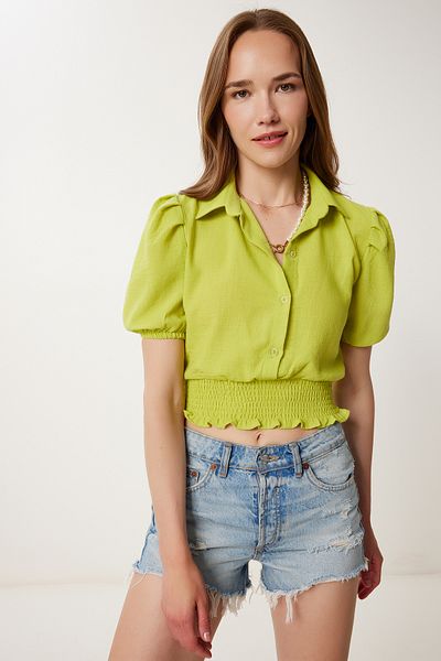 Happiness İstanbul Women's Oil Green Balloon Sleeve Linen Crop Shirt Blouse Tp00081