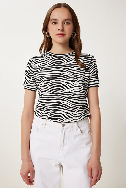 Happiness İstanbul Γυναικεία Μαύρη Λευκή Πλεκτή Εύκαμπτη Μπλούζα TP00078