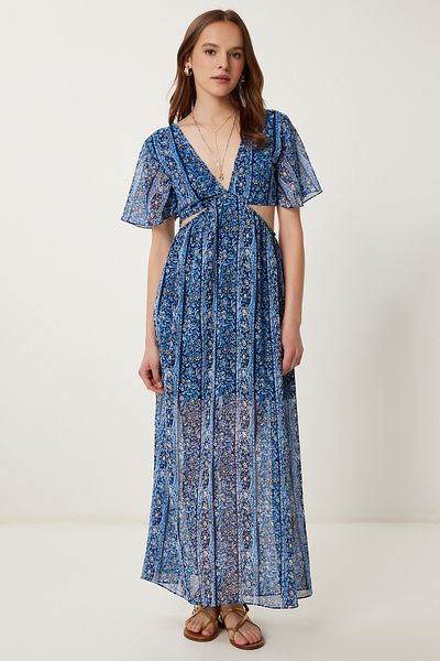Happiness İstanbul Blaues Chiffonkleid mit Knochenmuster und Ausschnitt für Damen FG00032