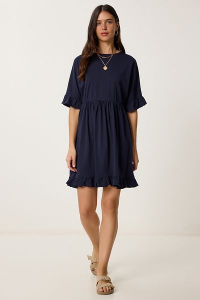 Happiness İstanbul Marineblaues Sommer-Strickkleid mit Volants für Damen RC00159