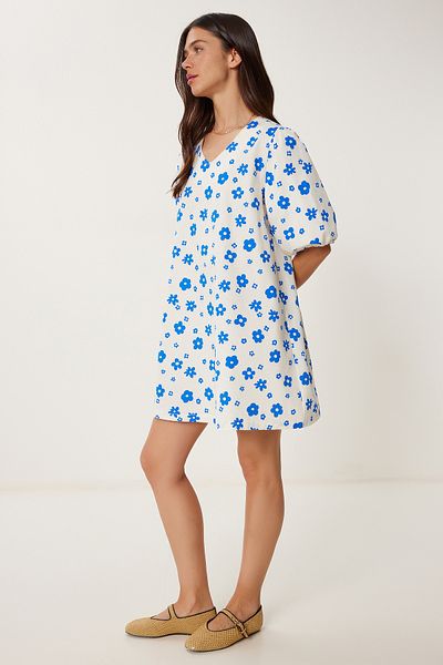 Happiness İstanbul Rochie de damă din poplin cu mâneci balon albastru os RC00157