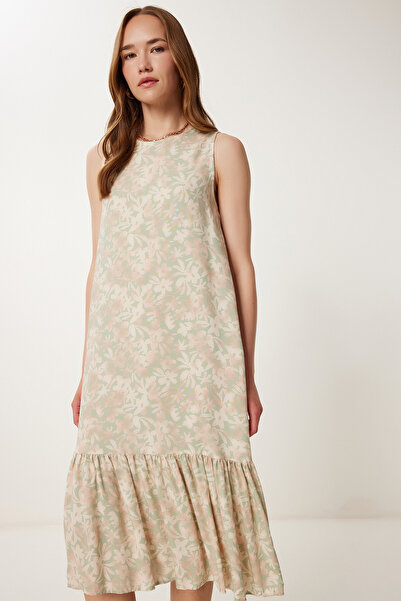 Happiness İstanbul Γυναικείο πράσινο αμάνικο φόρεμα με μοτίβο βισκόζης VW00001