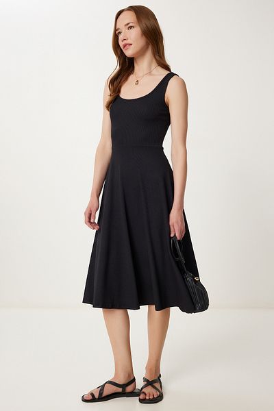 Happiness İstanbul Women's Black Strap Summer Ribbed Knitted Midi Dress Dz00127