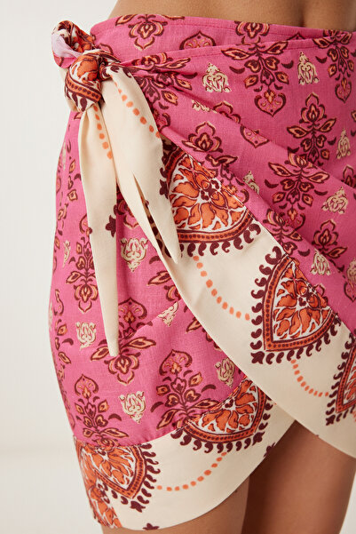Happiness İstanbul Γυναικεία Μίνι Λινό Φούστα με Ροζ Κρεμ μοτίβο FG00034