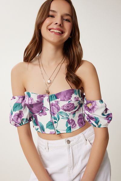 Happiness İstanbul Lila Crop-Viskosebluse mit Knochenmuster für Damen CR00510