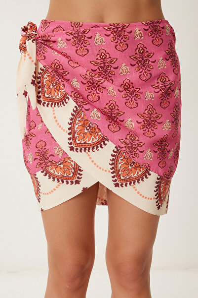 Happiness İstanbul Γυναικεία Μίνι Λινό Φούστα με Ροζ Κρεμ μοτίβο FG00034