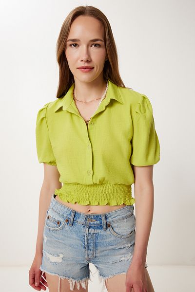Happiness İstanbul Women's Oil Green Balloon Sleeve Linen Crop Shirt Blouse Tp00081