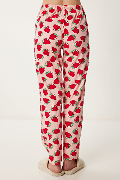 Happiness İstanbul Kadın Pembe Kırmızı Desenli Gömlek Alt Örme Pijama Takımı FP00010
