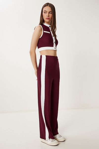 Happiness İstanbul Burgunderfarbener, kontrastfarbener, gerippter Strickanzug für Damen ZV00328