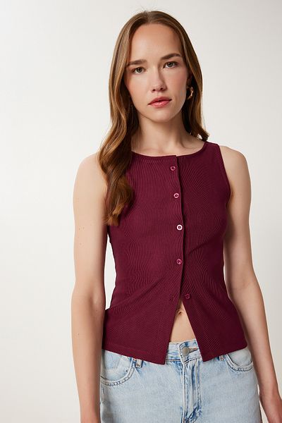 Happiness İstanbul Women's Burgundy Buttoned Flexible Corded Knitted Vest Zv00325
