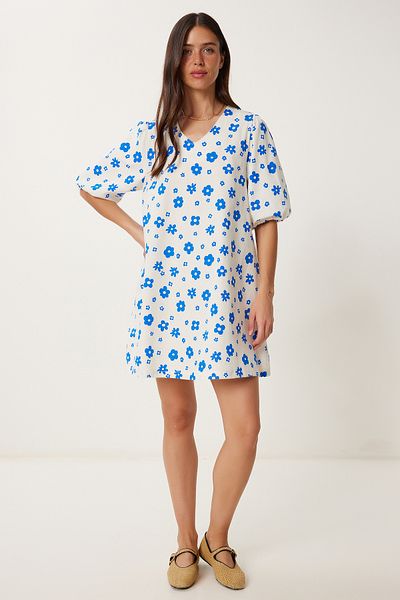 Happiness İstanbul Rochie de damă din poplin cu mâneci balon albastru os RC00157
