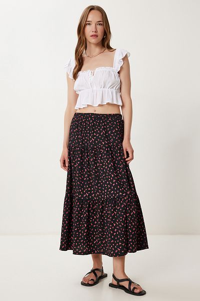 Happiness İstanbul Fusta tricotată cu volan cu model de flori roz negru pentru femei UB00398