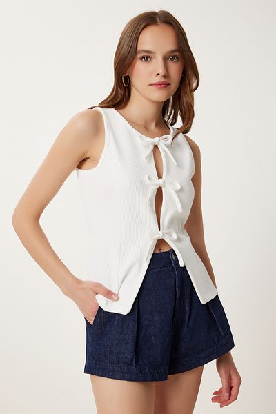 Happiness İstanbul Women's Ecru Tie Detailed Ribbed Knitted Blouse Pb00039