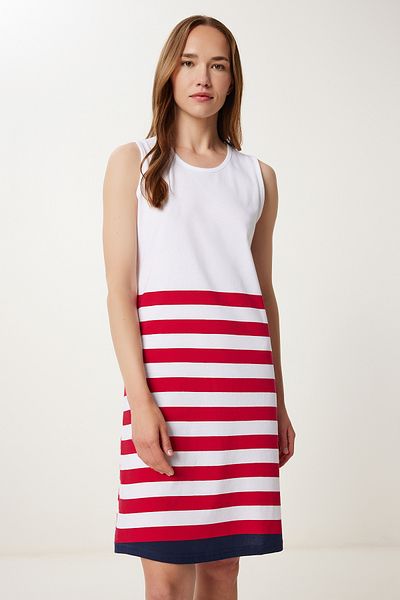 Happiness İstanbul Women's White Red Striped Sleeveless Stretchy Knitted Nightgown Fp00012