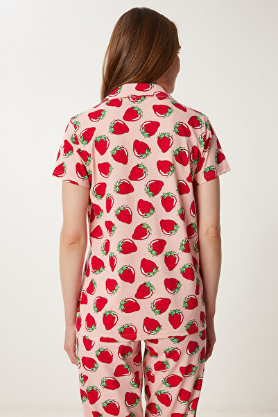 Happiness İstanbul Kadın Pembe Kırmızı Desenli Gömlek Alt Örme Pijama Takımı FP00010