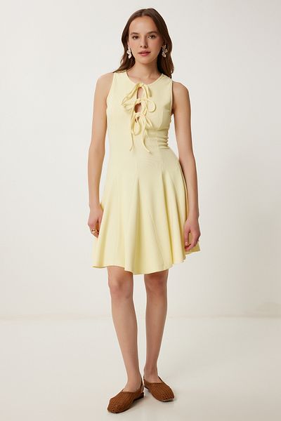 Happiness İstanbul Women's Yellow Tie Detail Mini Ribbed Knitted Dress Pb00041