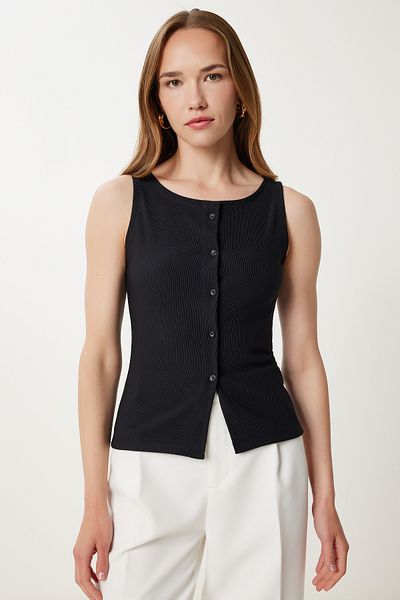 Happiness İstanbul Women's Black Buttoned Flexible Ribbed Knitted Vest Zv00325