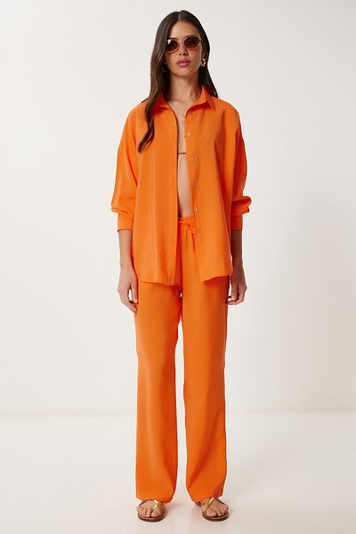 Happiness İstanbul Orangefarbener Oversize-Hemd-Hosenanzug von Ayrobin für Damen WF00137